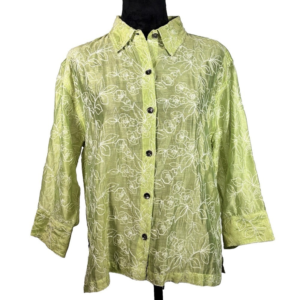 Chicos Silk Cotton Embroidered Top Sz 1 Medium Art Floral Travel Sheer Classic